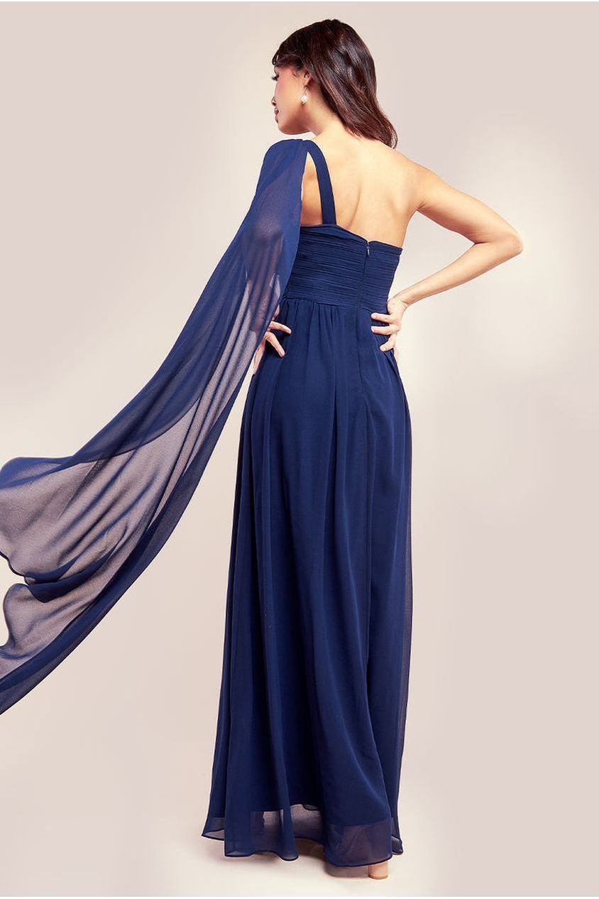 Goddiva One Shoulder Pleated Chiffon Scarf Maxi - Navy