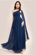 Goddiva One Shoulder Pleated Chiffon Scarf Maxi - Navy