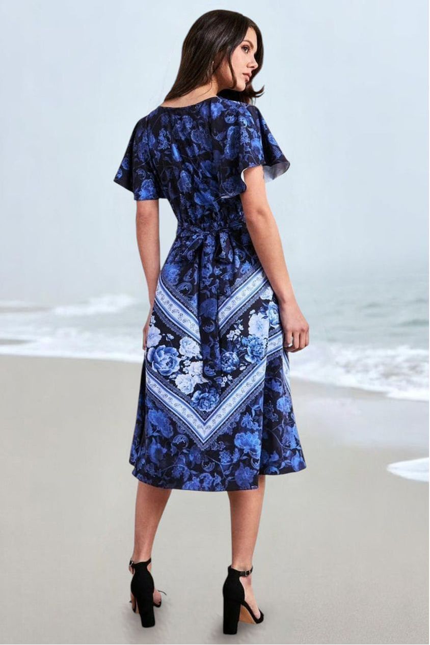 Goddiva Flutter Sleeve Wrap Style Midi Dress - Navy