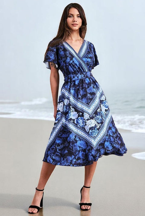 Goddiva Flutter Sleeve Wrap Style Midi Dress - Navy