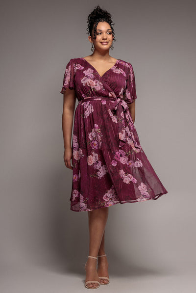 Berry - Goddiva Plus Floral Print Wrap Chiffon Midi Dress - Berry Floral