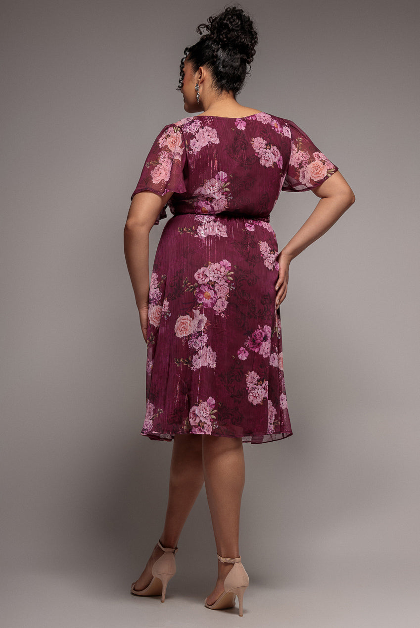Goddiva Plus Floral Print Wrap Chiffon Midi Dress - Berry Floral