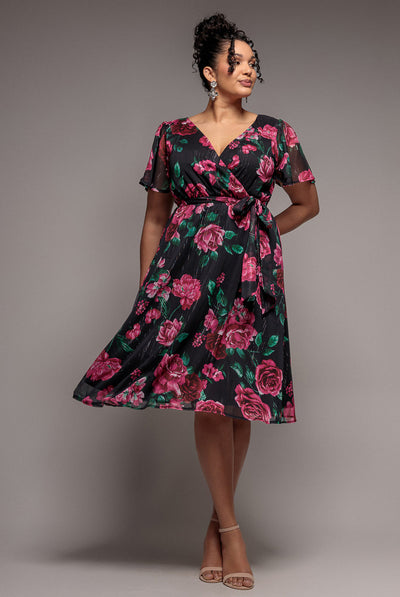 BlackFloral - Goddiva Plus Floral Print Wrap Chiffon Midi Dress - Black Floral