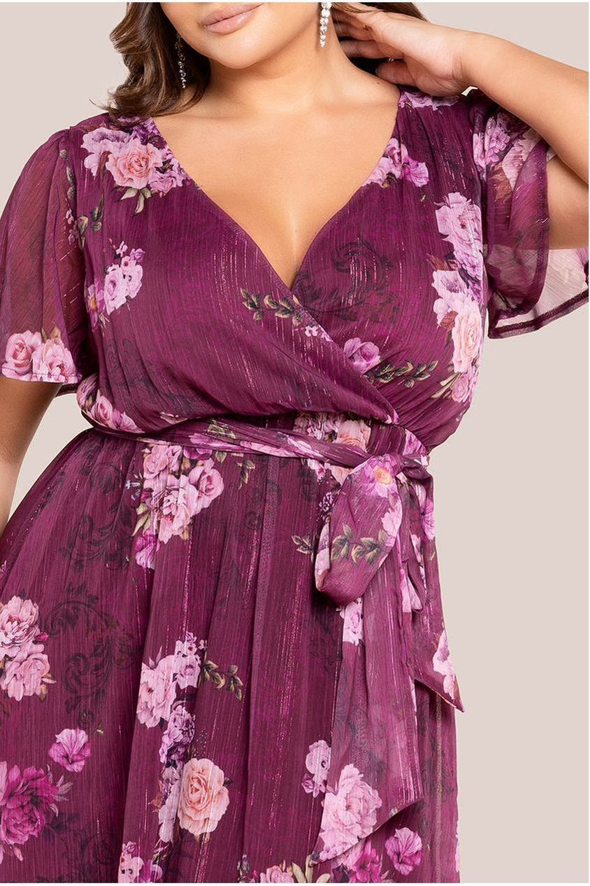 Goddiva Plus Floral Print Wrap Chiffon Midi Dress - Berry Floral