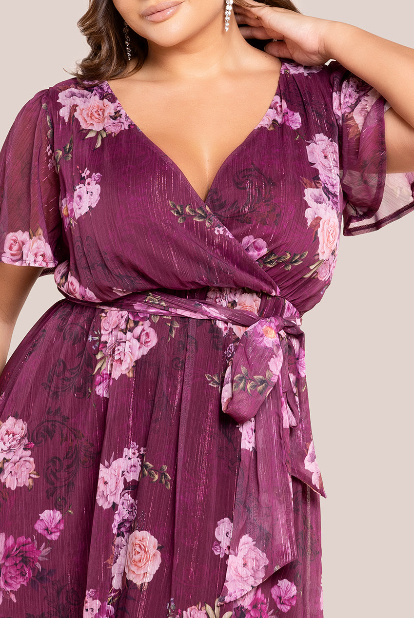 Goddiva Plus Floral Print Wrap Chiffon Midi Dress - Berry Floral