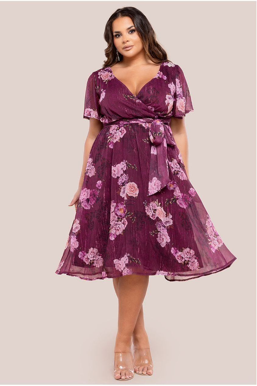 Goddiva Plus Floral Print Wrap Chiffon Midi Dress - Berry Floral