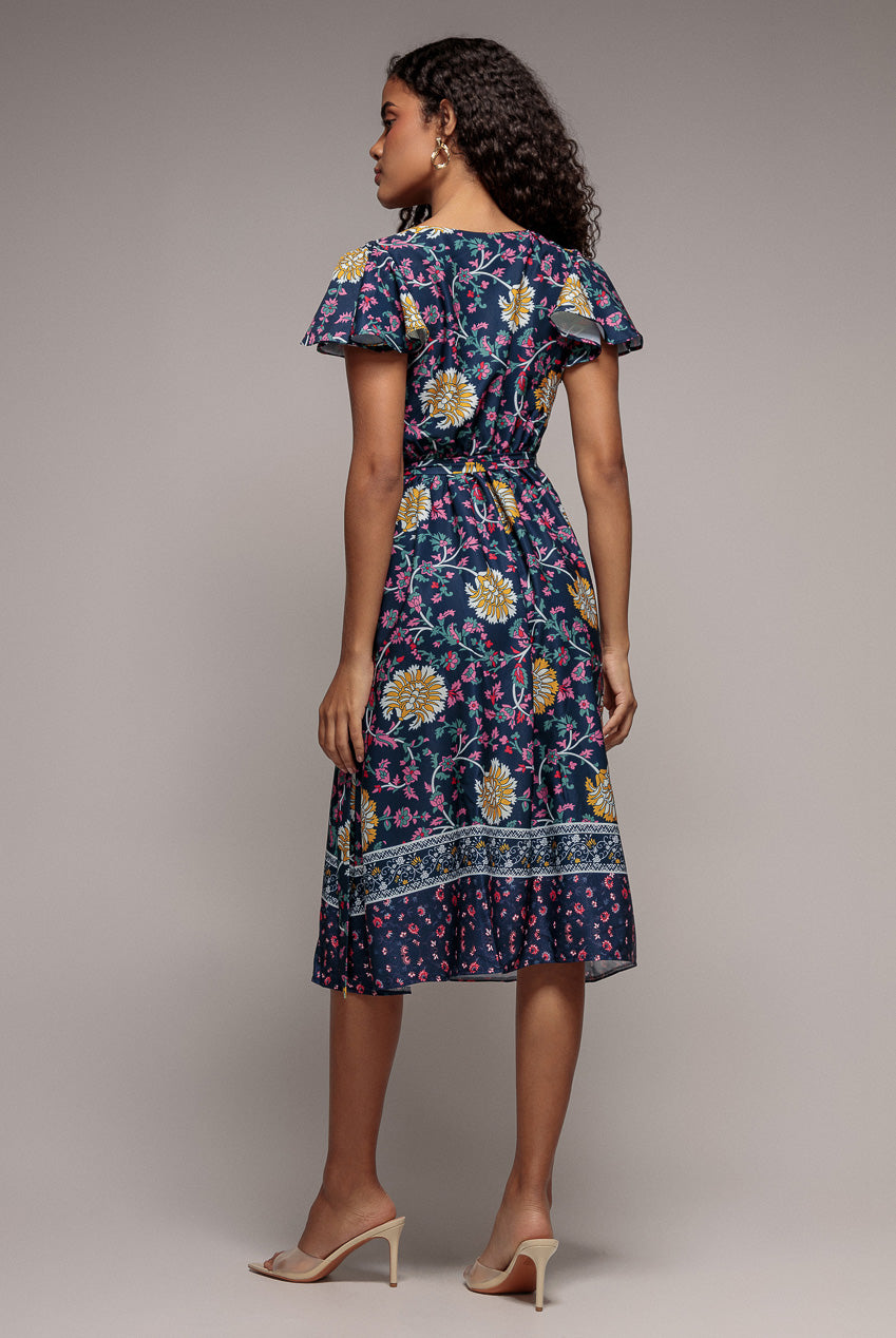 Goddiva Floral Print Wrap Midi With Flutter Sleeves - Navy Print