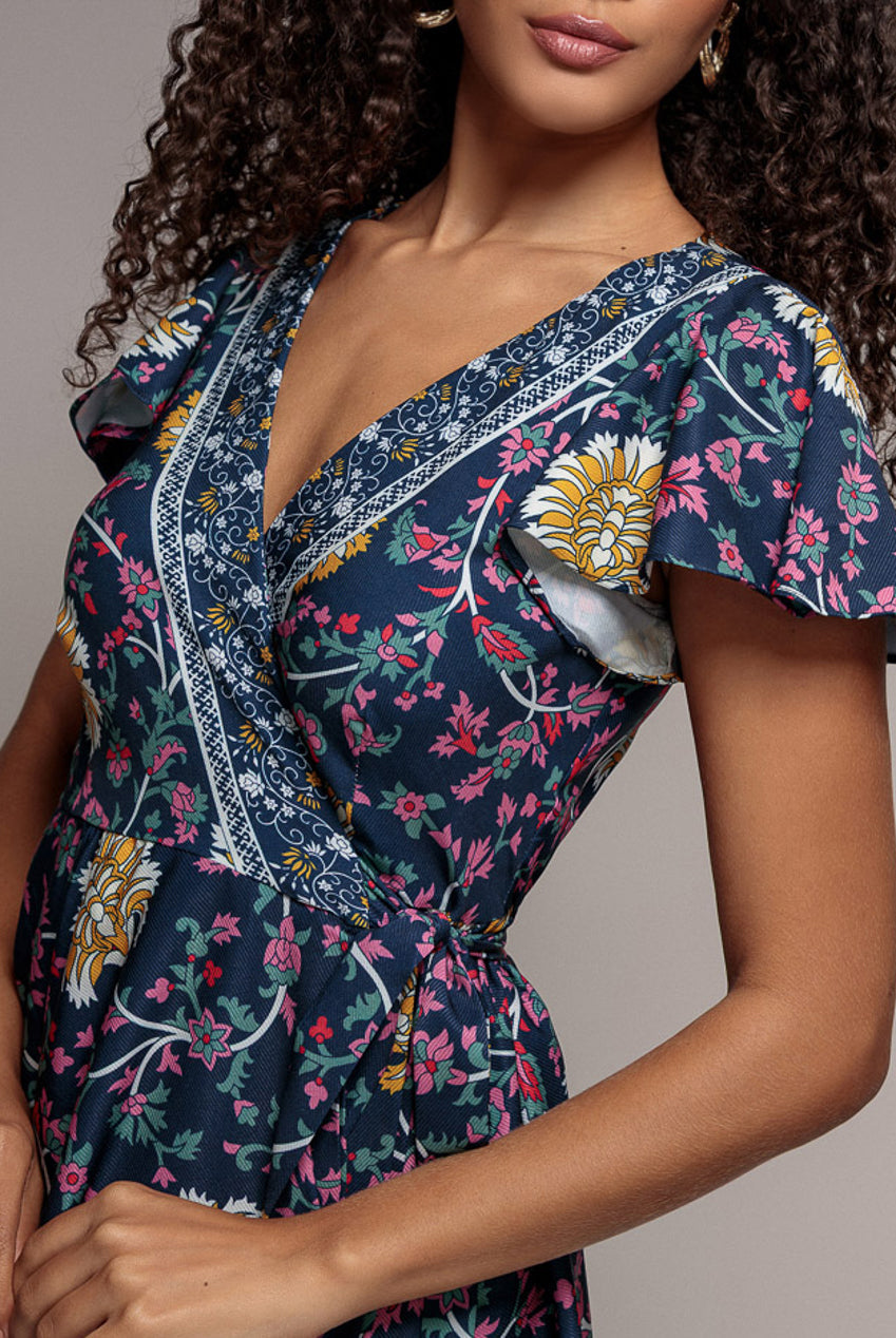 Goddiva Floral Print Wrap Midi With Flutter Sleeves - Navy Print