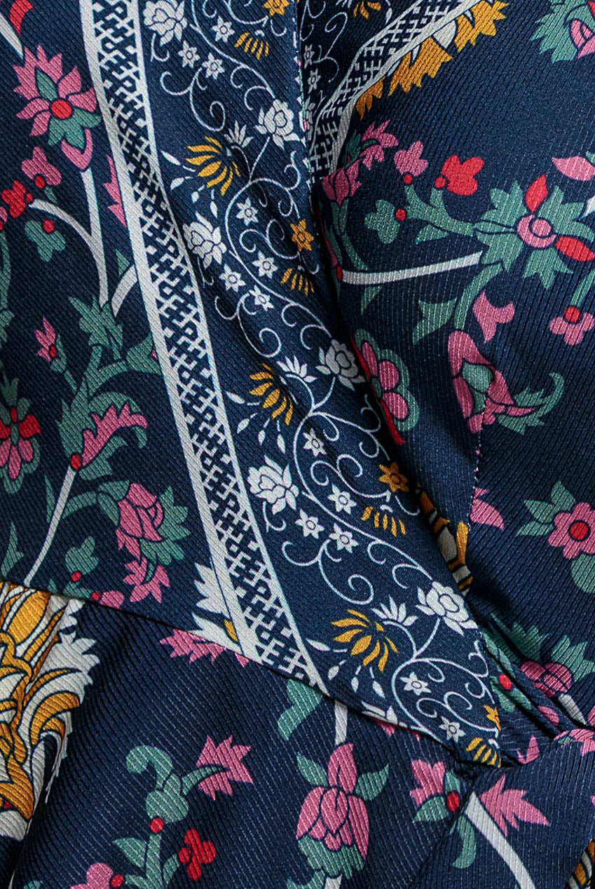 Goddiva Floral Print Wrap Midi With Flutter Sleeves - Navy Print