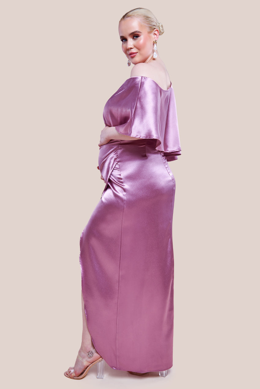 Goddiva Maternity Satin Drape Shoulder Wrap Maxi Dress - Blush