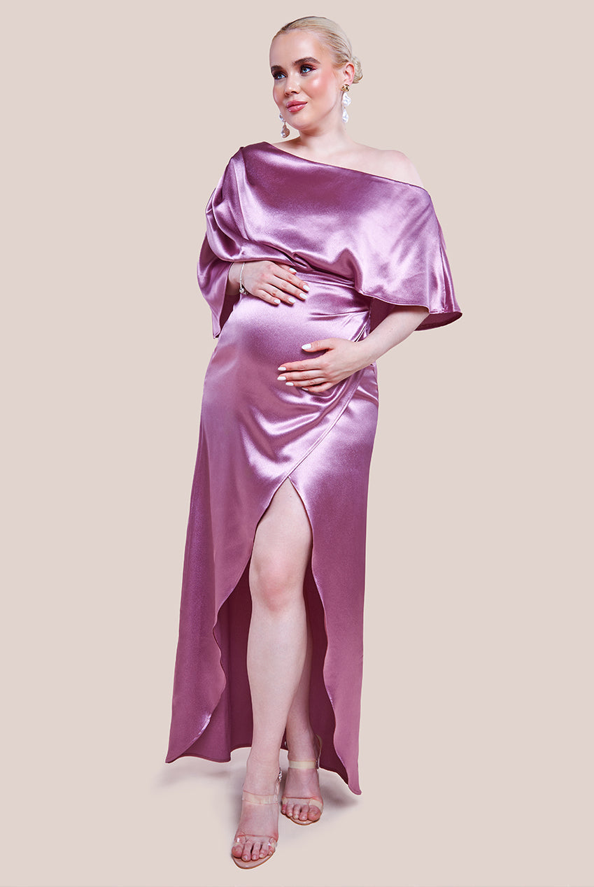 Goddiva Maternity Satin Drape Shoulder Wrap Maxi Dress - Blush