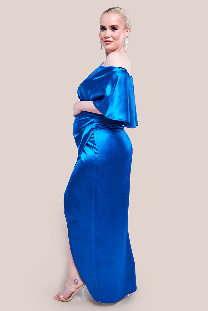 Goddiva Maternity Satin Drape Shoulder Wrap Maxi Dress - Royal Blue