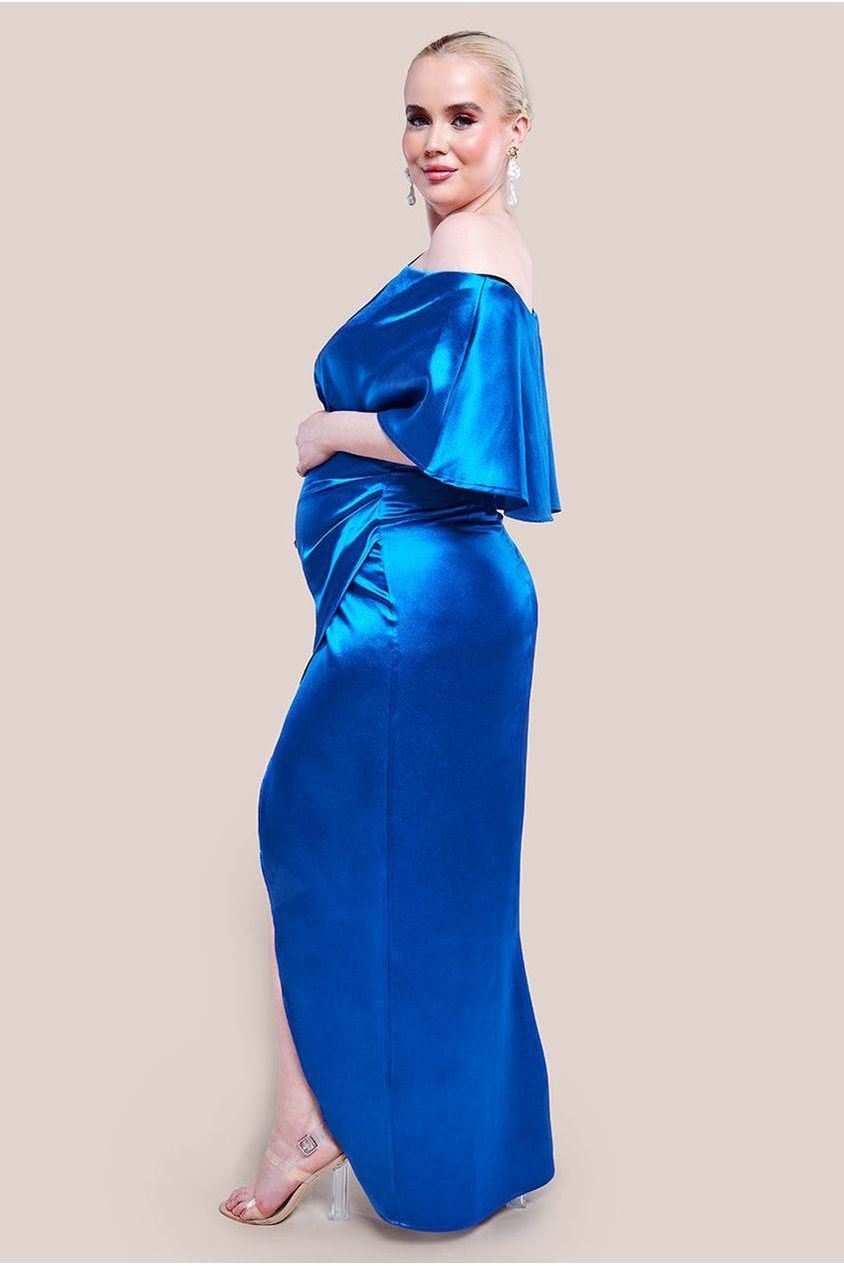 Goddiva Maternity Satin Drape Shoulder Wrap Maxi Dress - Royal Blue