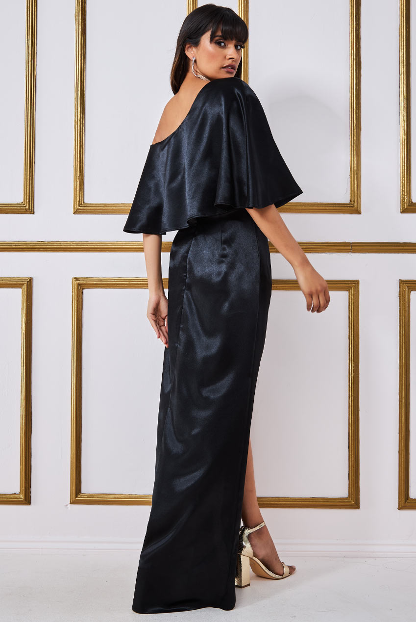 Goddiva Satin Drape Shoulder Wrap Maxi Dress - Black