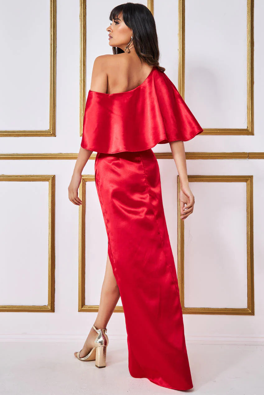 Goddiva Satin Drape Shoulder Wrap Maxi Dress - Red