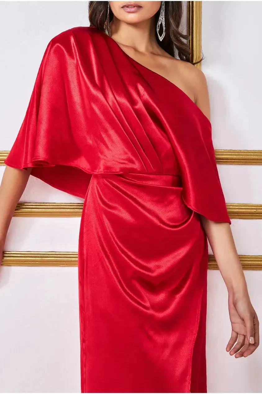 Goddiva Satin Drape Shoulder Wrap Maxi Dress - Red