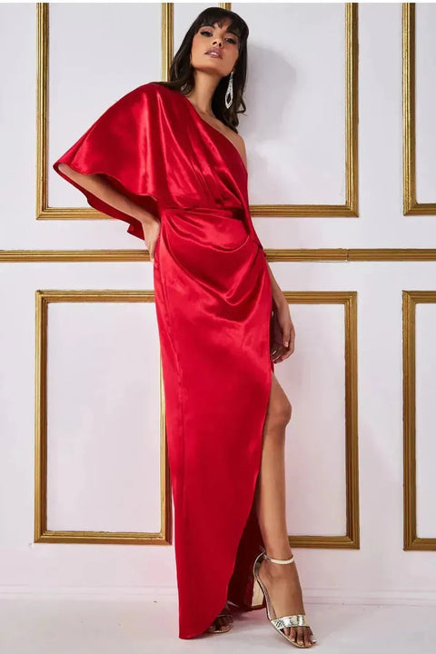 Goddiva Satin Drape Shoulder Wrap Maxi Dress - Red