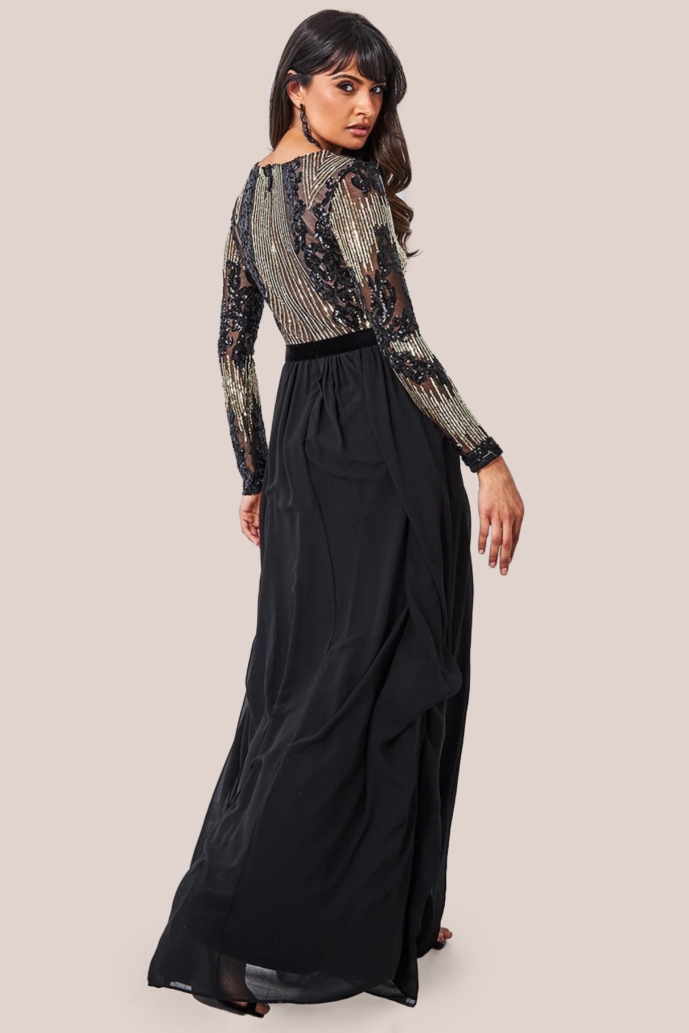 Goddiva Sequin Mesh Bodice Maxi Dress - Black