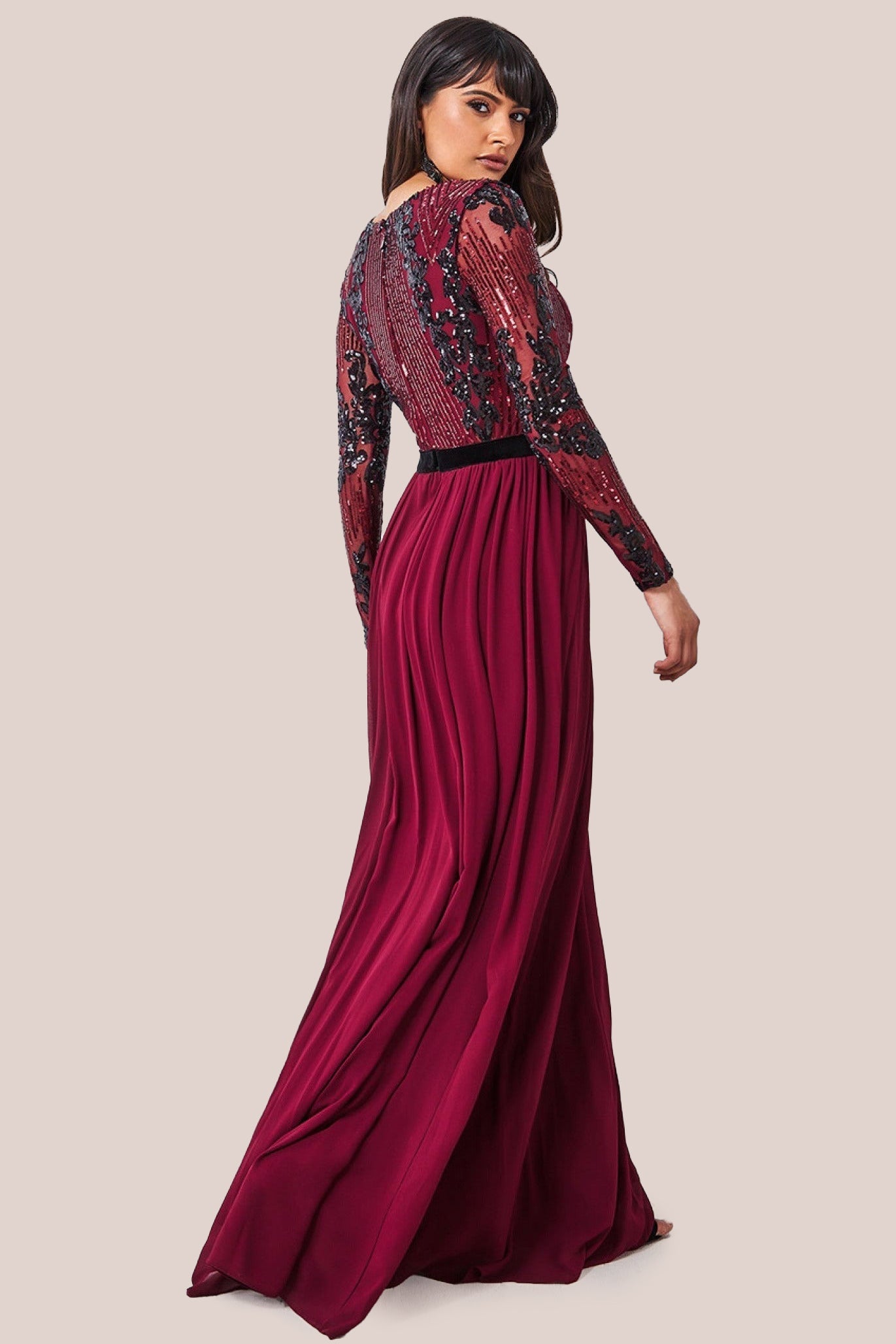 Goddiva Sequin Mesh Bodice Maxi Dress - Wine