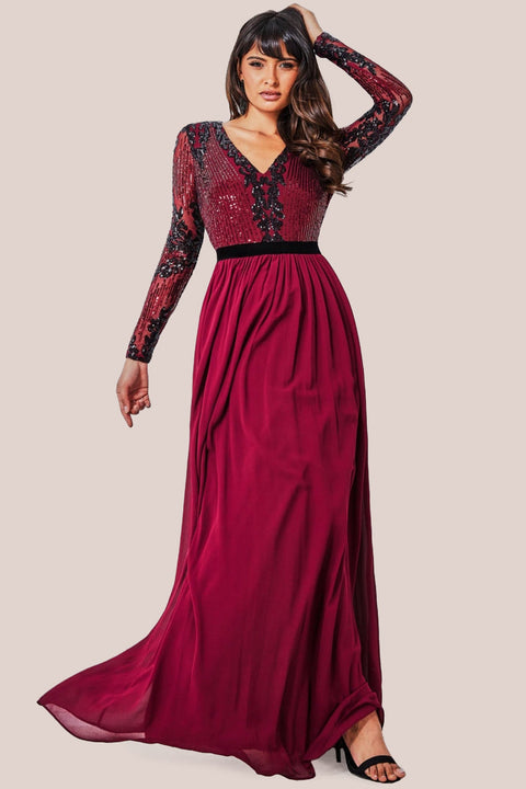 Goddiva Sequin Mesh Bodice Maxi Dress - Wine