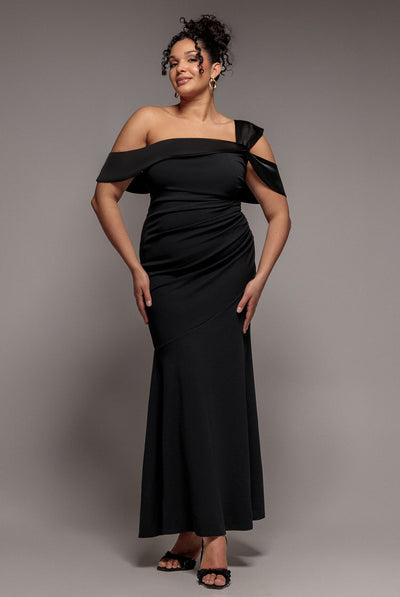 Black - Goddiva Plus One Shoulder Satin Band Maxi Dress - Black