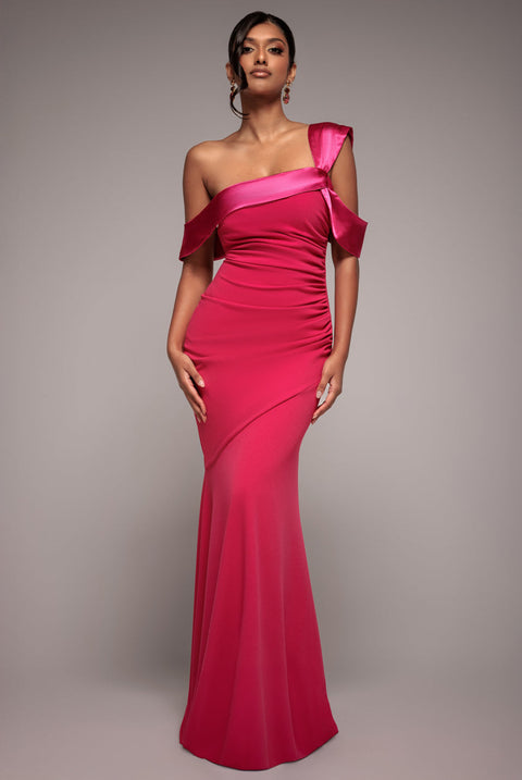 Goddiva One Shoulder Satin Band Maxi Dress - Magenta