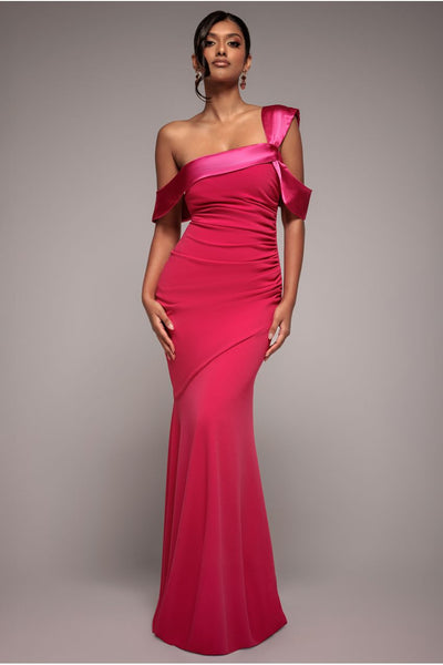 Magenta - Goddiva One Shoulder Satin Band Maxi Dress - Magenta