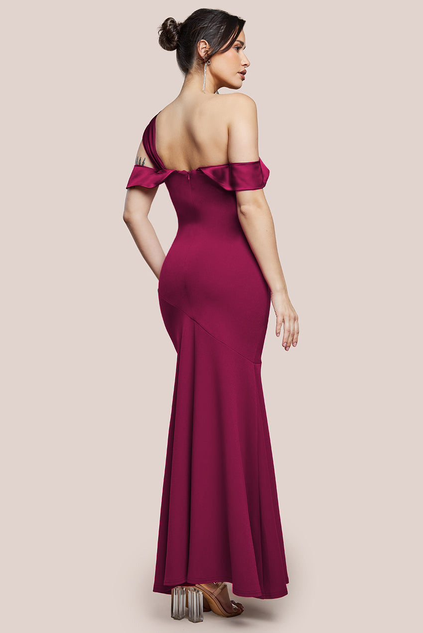 Goddiva One Shoulder Satin Band Maxi Dress - Burgundy