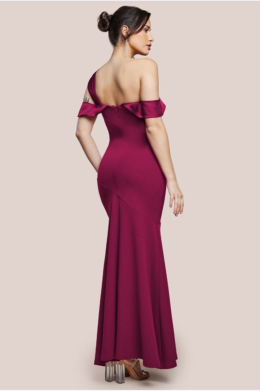 Goddiva One Shoulder Satin Band Maxi Dress - Burgundy