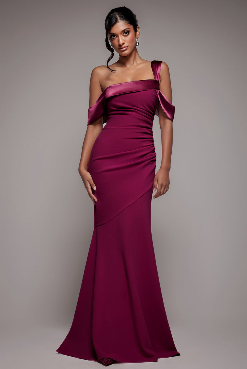 Goddiva One Shoulder Satin Band Maxi Dress - Burgundy
