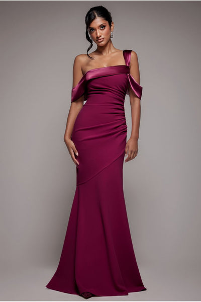 Burgundy - Goddiva One Shoulder Satin Band Maxi Dress - Burgundy