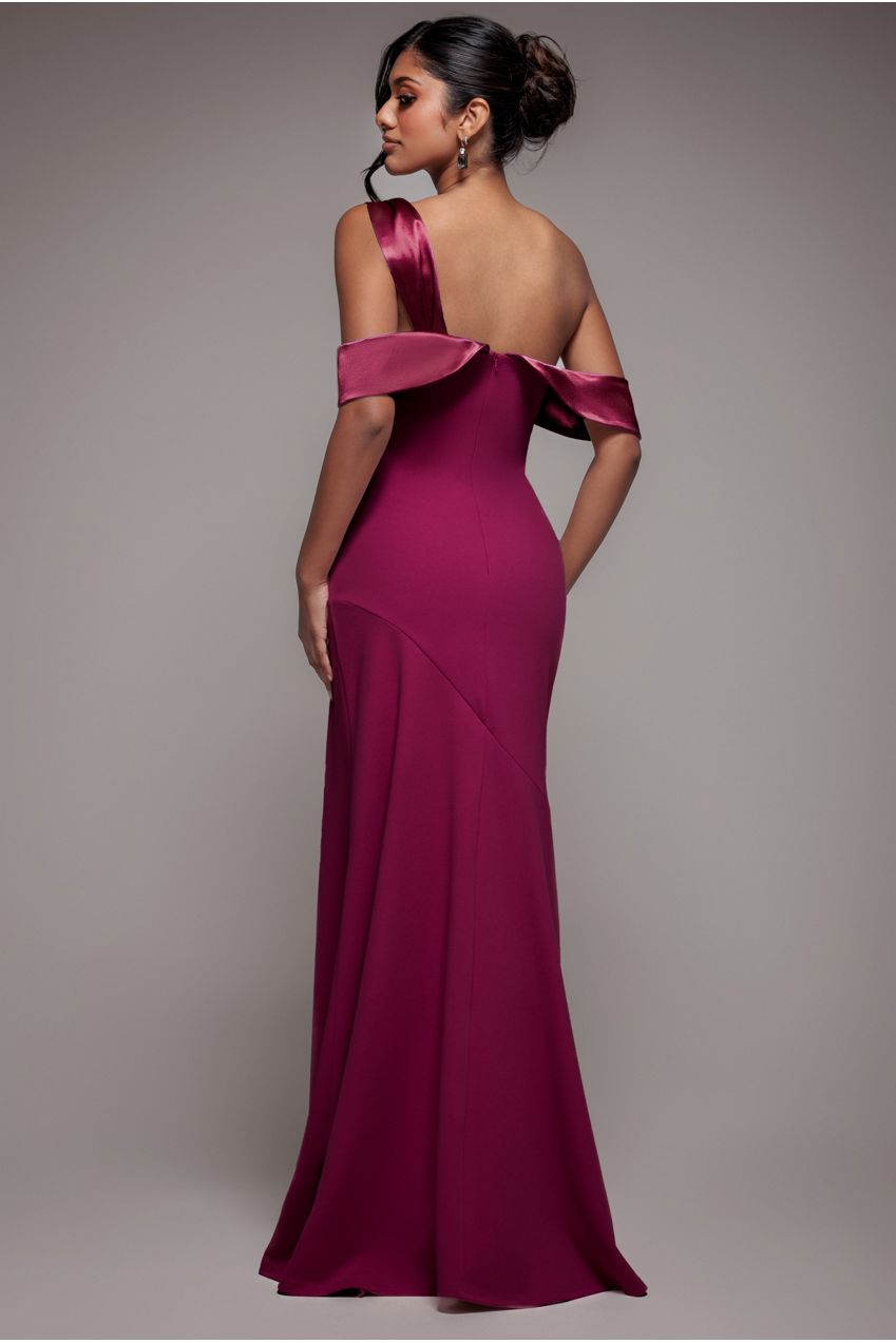 Goddiva One Shoulder Satin Band Maxi Dress - Burgundy
