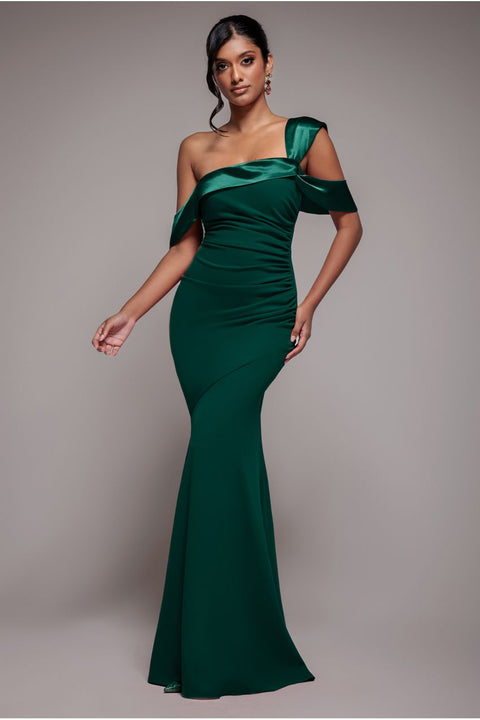 One Shoulder Satin Band Maxi Dress - Emerald Green | Goddiva US One Shoulder Satin Band Maxi Dress - Emerald Green | Goddiva US