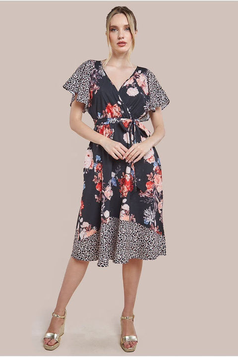 Goddiva Flutter Sleeve Printed Midi Dress - Leopard Print