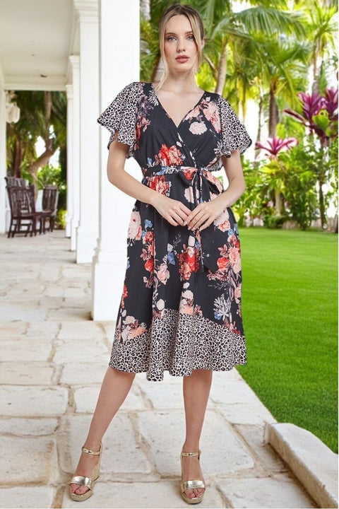 Goddiva Flutter Sleeve Printed Midi Dress - Leopard Print