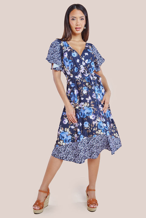 Goddiva Flutter Sleeve Printed Midi Dress - Navy Print