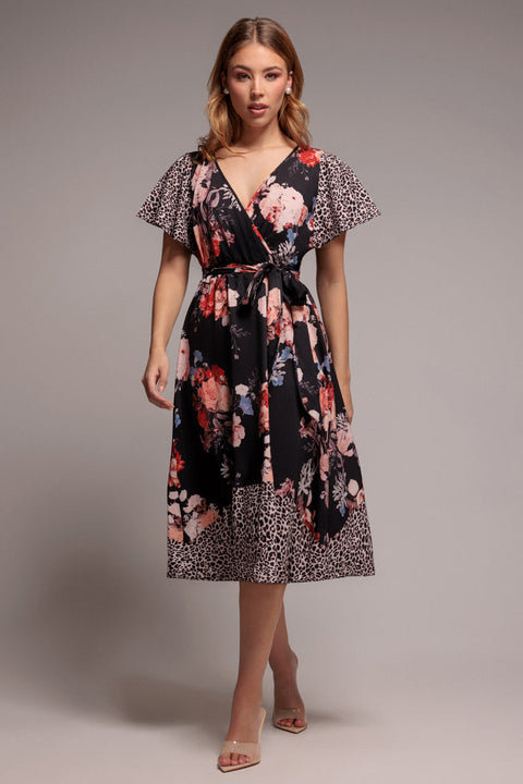 Goddiva Flutter Sleeve Printed Midi Dress - Leopard Print