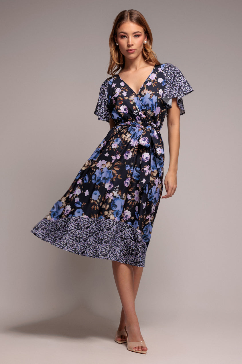 Goddiva Flutter Sleeve Printed Midi Dress - Navy Print