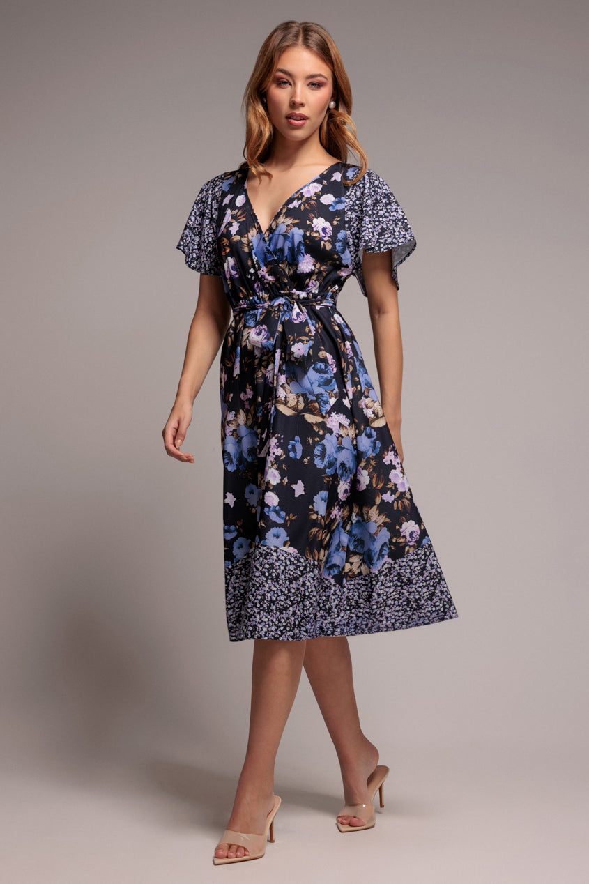 Goddiva Flutter Sleeve Printed Midi Dress - Navy Print
