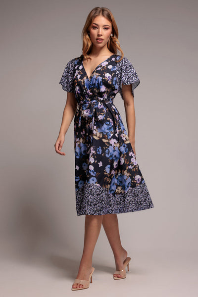 NavyPrint - Goddiva Flutter Sleeve Printed Midi Dress - Navy Print