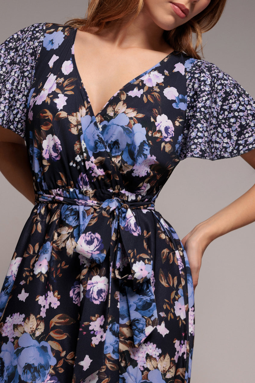 Goddiva Flutter Sleeve Printed Midi Dress - Navy Print