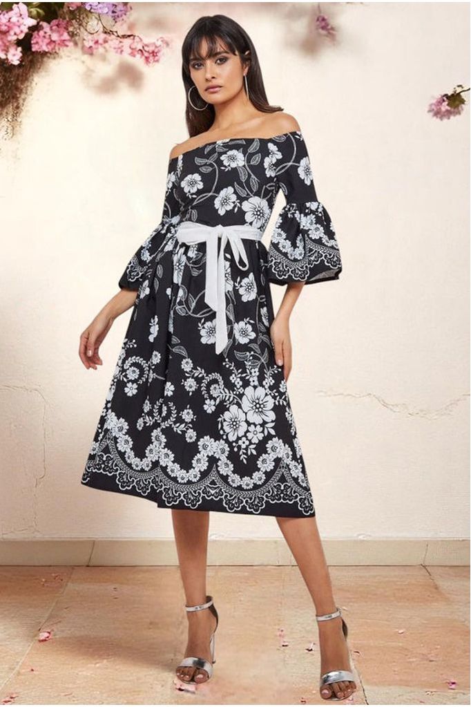 Goddiva Printed Off The Shoulder Midi Dress - Black