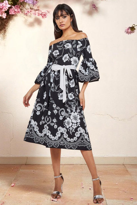Goddiva Printed Off The Shoulder Midi Dress - Black