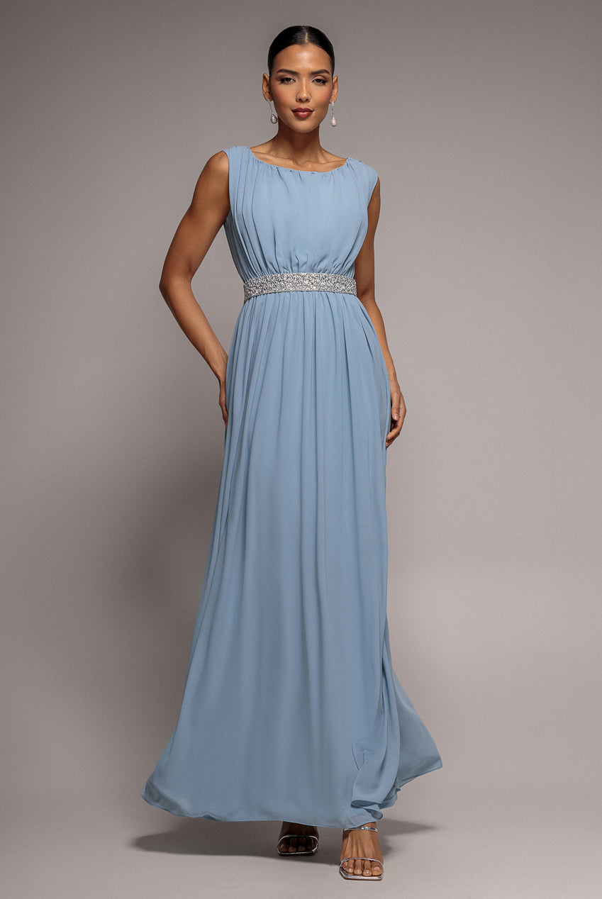 Goddiva Chiffon Maxi With Embellished Belt - Dusky Blue