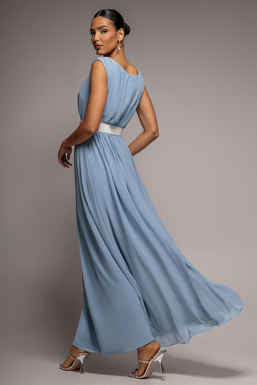 Goddiva Chiffon Maxi With Embellished Belt - Dusky Blue