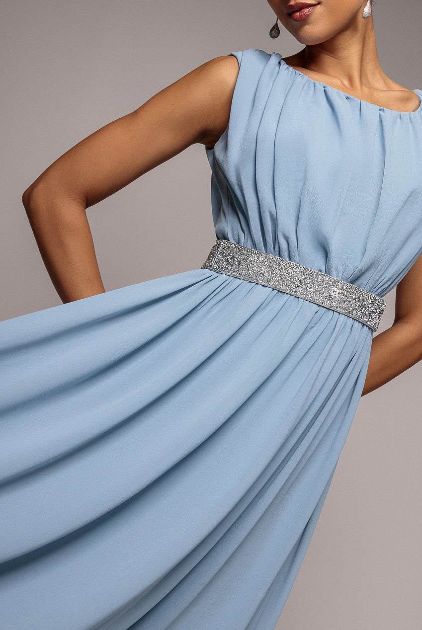 Goddiva Chiffon Maxi With Embellished Belt - Dusky Blue