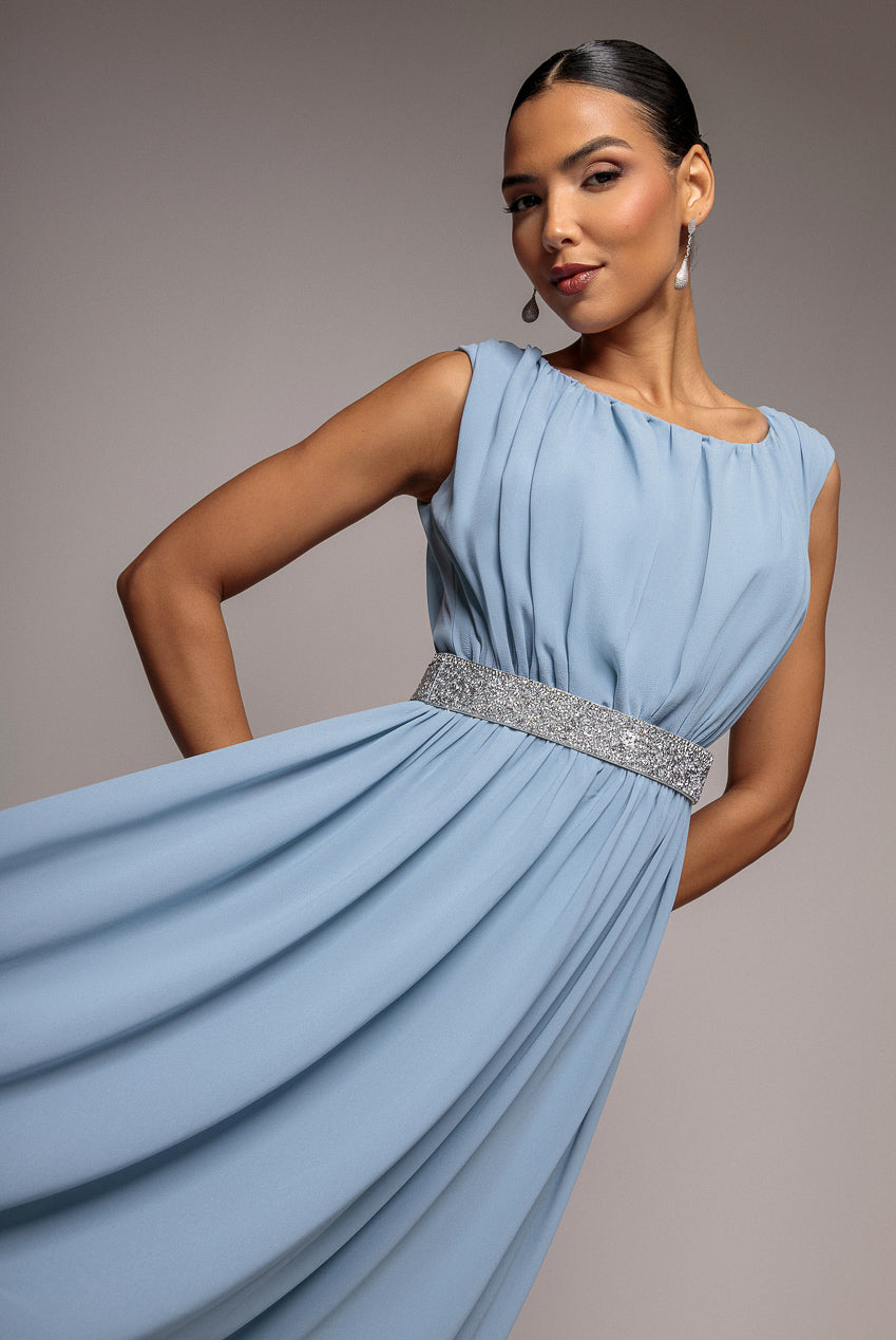 Goddiva Chiffon Maxi With Embellished Belt - Dusky Blue