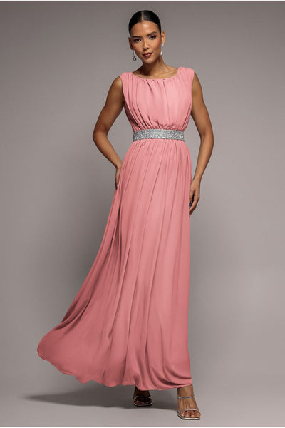 Goddiva Chiffon Maxi With Embellished Belt - Peach