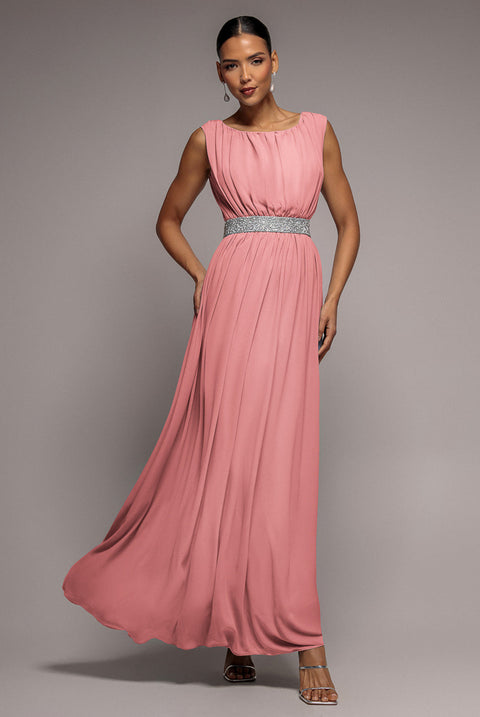 Goddiva Chiffon Maxi With Embellished Belt - Peach