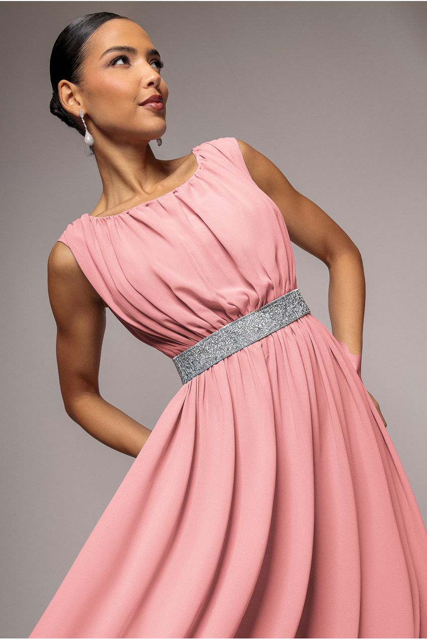 Goddiva Chiffon Maxi With Embellished Belt - Peach